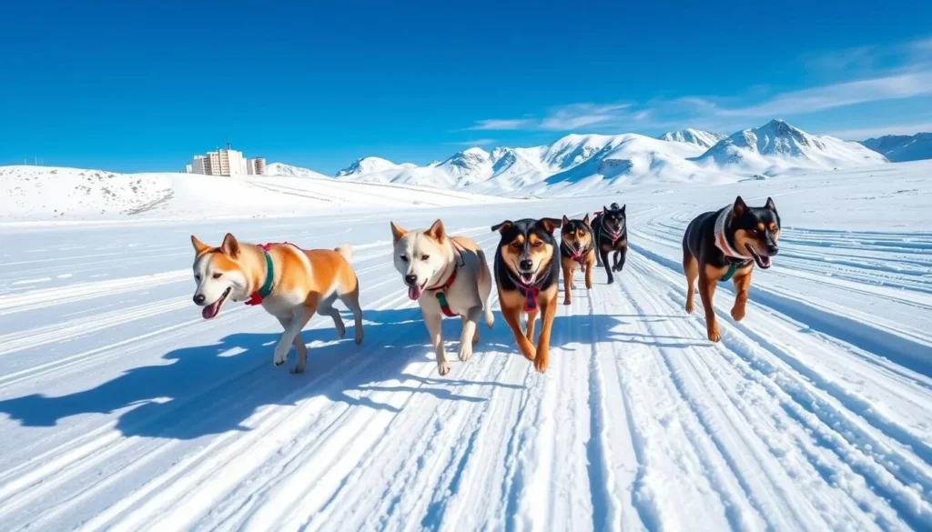 Image of a dog sled team racing across a snowy landscape in Alta, Norway