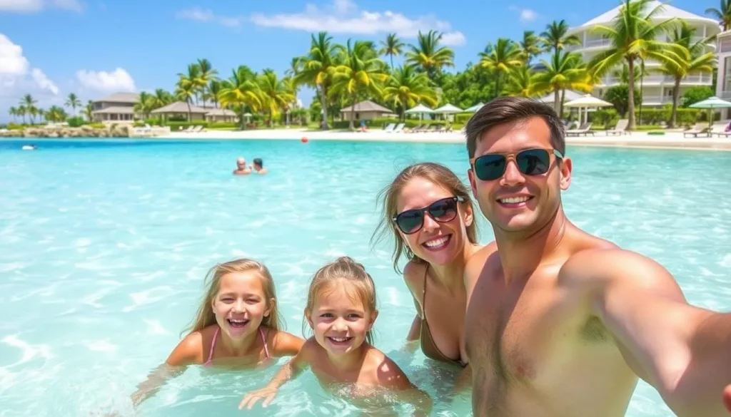 Image of a family enjoying a day at Playa Grande, with clear waters and amenities in the background.