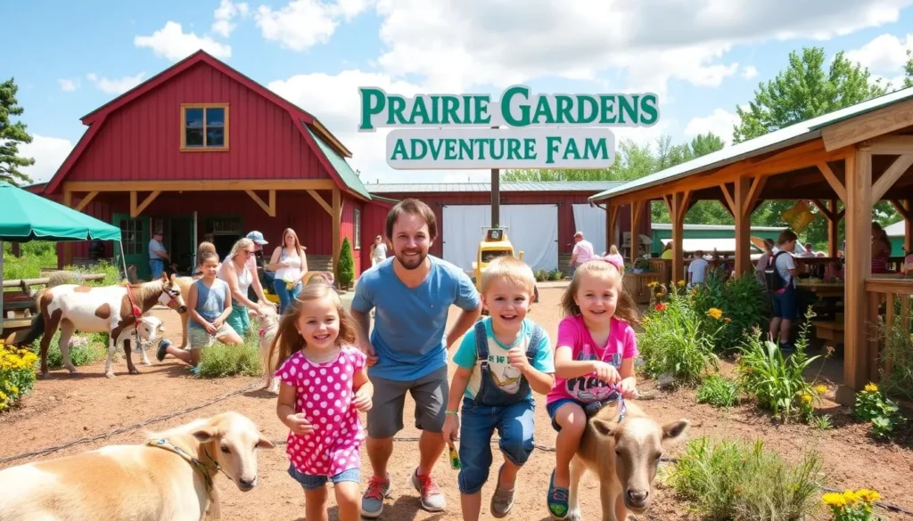 Image of a family enjoying activities at Prairie Gardens Adventure Farm