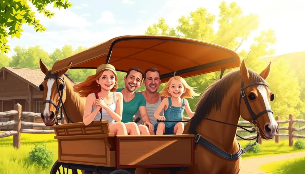 Image of a family enjoying horse-drawn carriage rides at Heritage Ranch during summer.