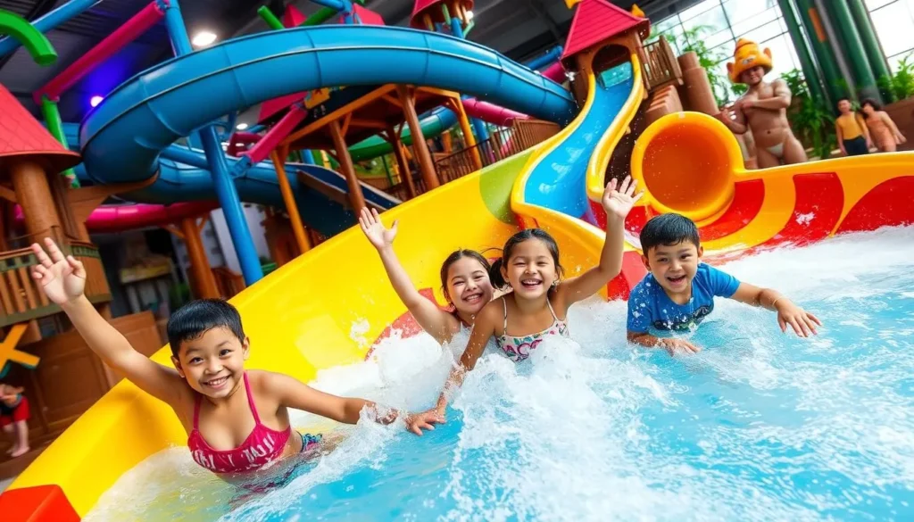 Image of a family enjoying the water slides at Lost City Indoor Water Park