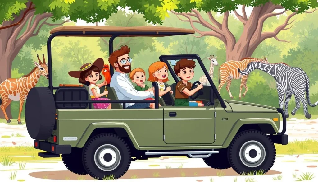 Image of a family on a safari jeep, spotting animals in the Dvur Kralove Zoo