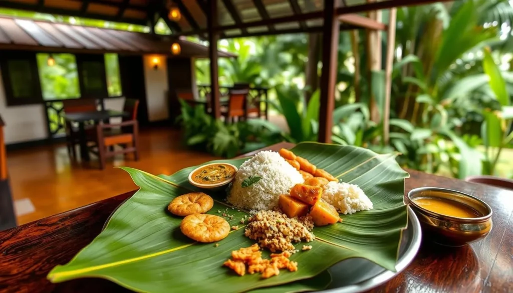 Image of a family-run guest house in Kannur with a traditional Kerala meal