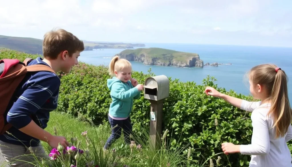 Image of a family searching for a letterbox on Lundy Island