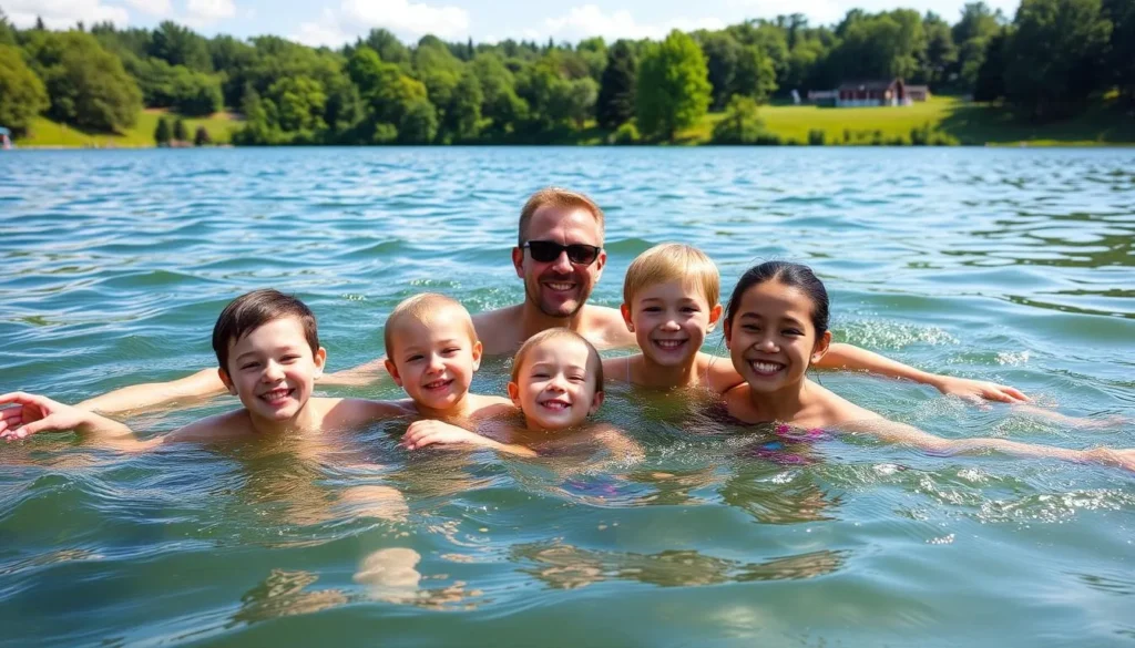 Image of a family swimming at Long Point Park on Conesus Lake