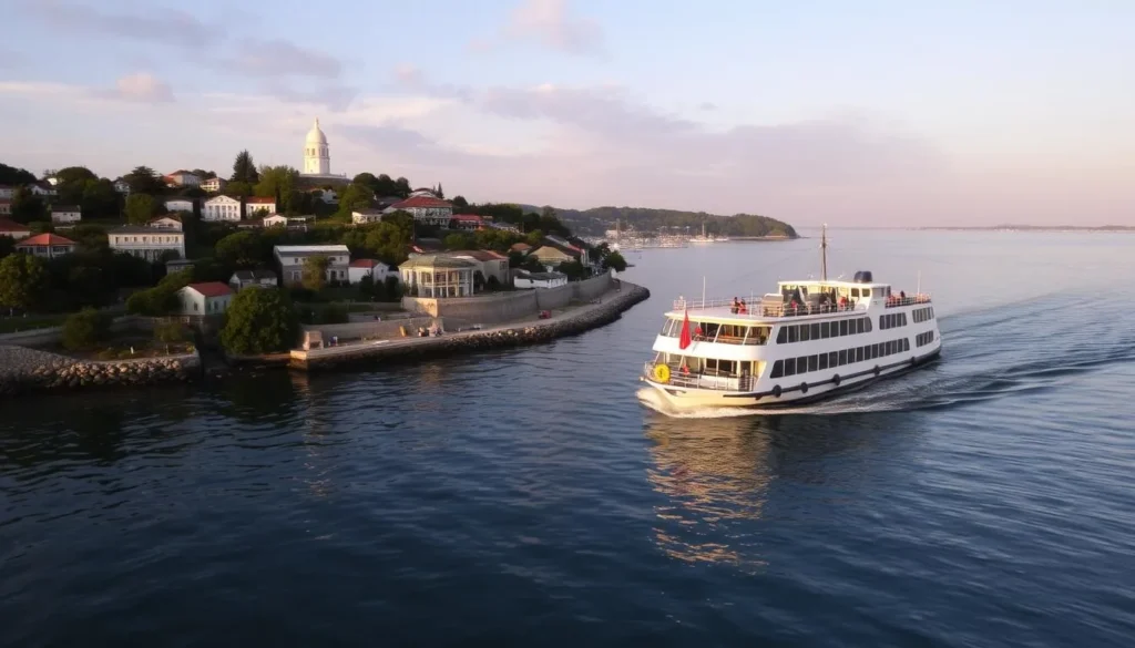 Image of a ferry approaching the shore near Colonia del Sacramento