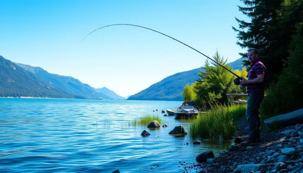 Image of a fisherman reeling in a catch on the shores of Lake Randsfjorden