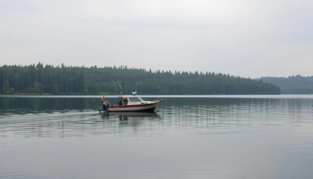 Image of a fishing boat on Rainy Lake with a serene landscape
