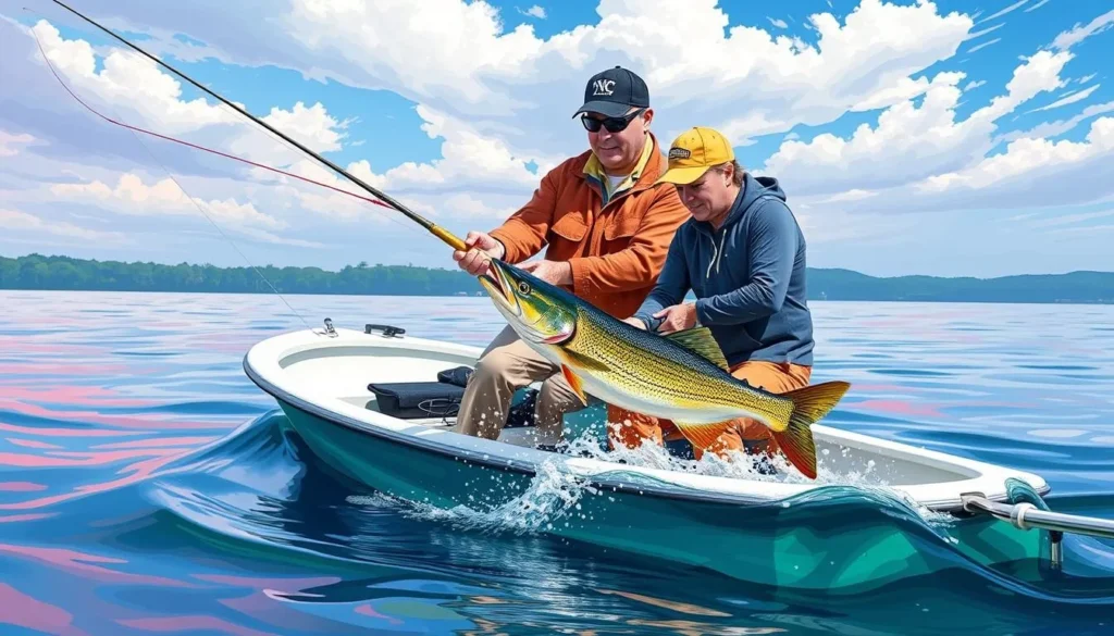 Image of a fishing guide helping a client on Lake Lanier
