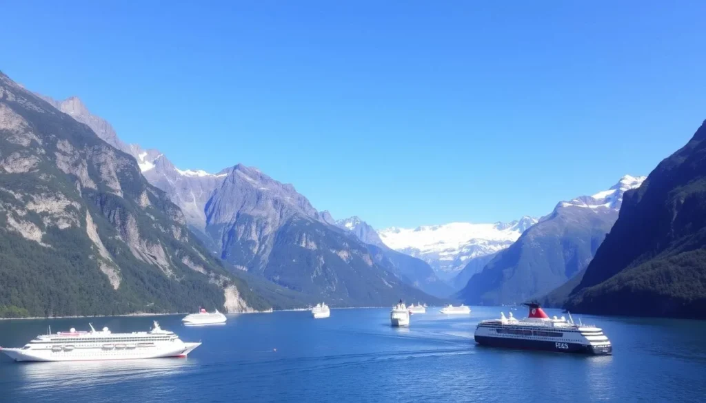 Image of a fjord with cruise boats and surrounding mountains