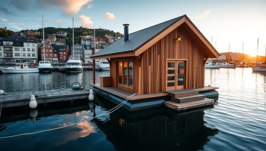 Image of a floating sauna in Oslo's harbor