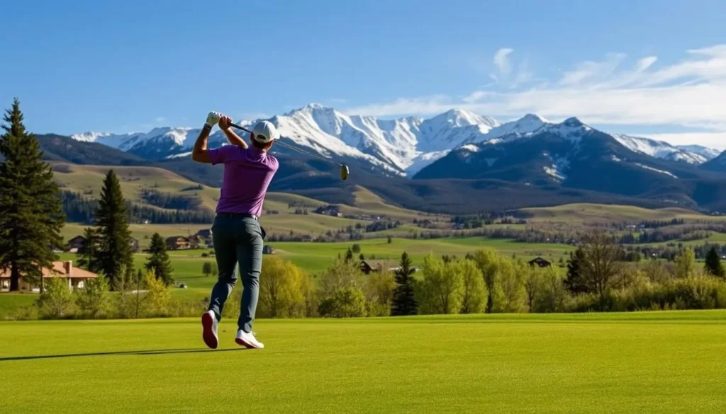 Image of a golfer teeing off at Beaver Creek Golf Club with the Colorado Rockies in the background.