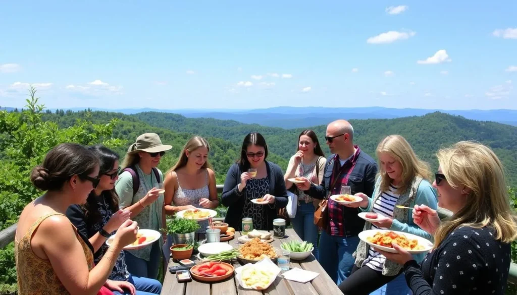 Image of a guided food tour in Blue Ridge, with participants tasting local cuisine