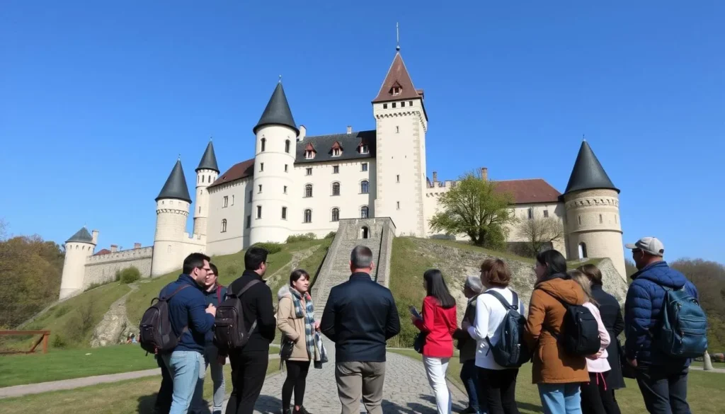 Image of a guided tour group in front of Karlstejn Castle
