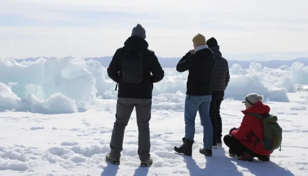 Image of a guided tour group viewing ice bubbles on Abraham Lake