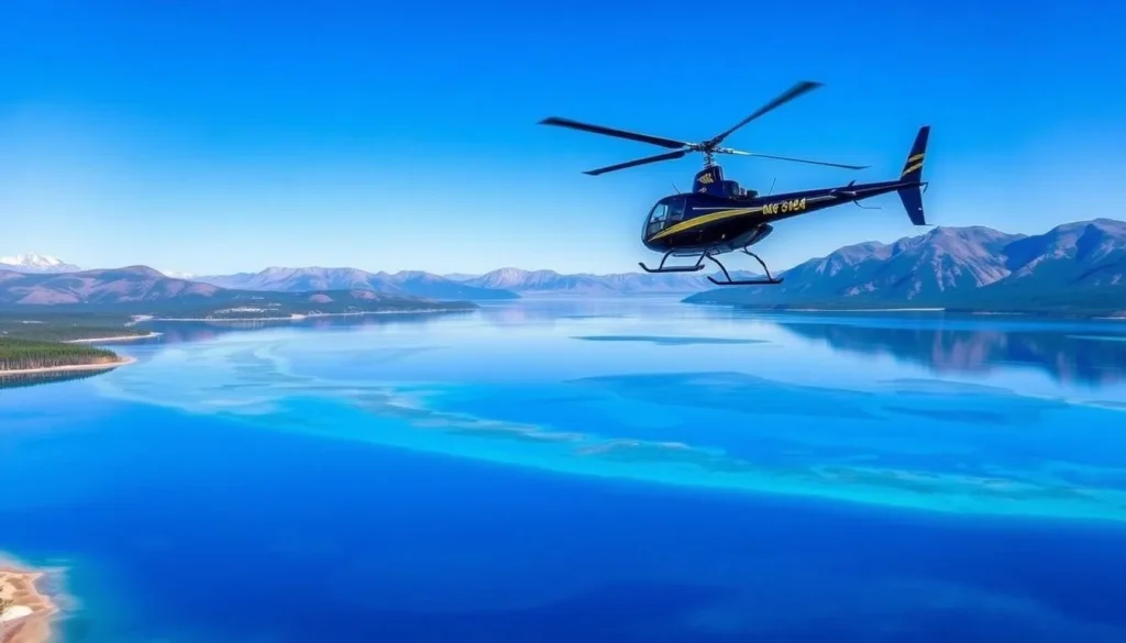 Image of a helicopter flying over Abraham Lake