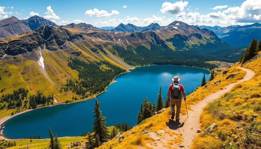 Image of a hiker approaching Black Lake via the yellow trail