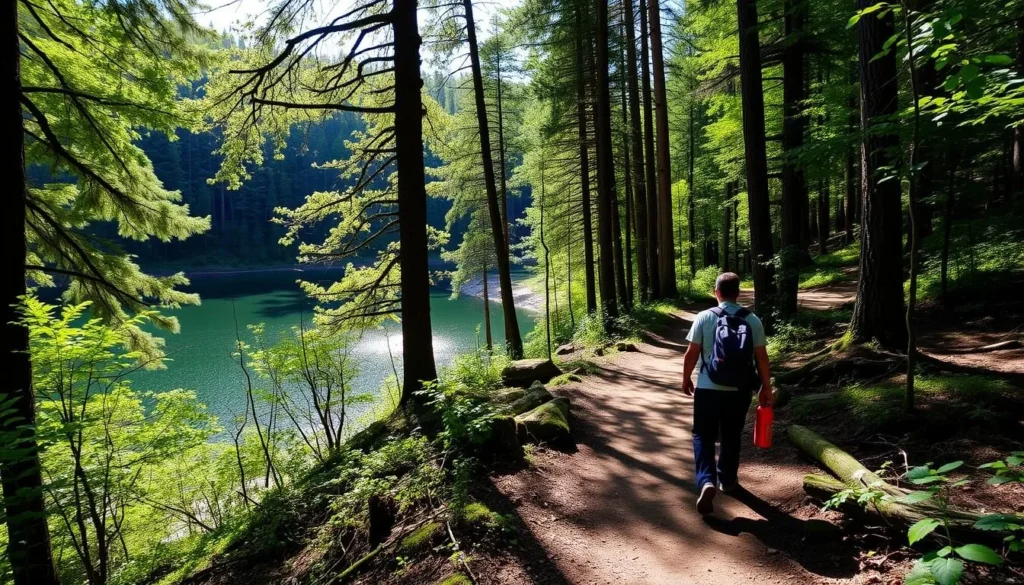 Image of a hiker approaching Devil's Lake through a forest trail
