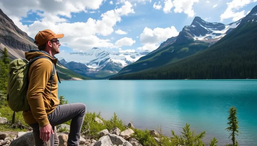 Image of a hiker at Bow Lake with the Icefields Parkway in the background