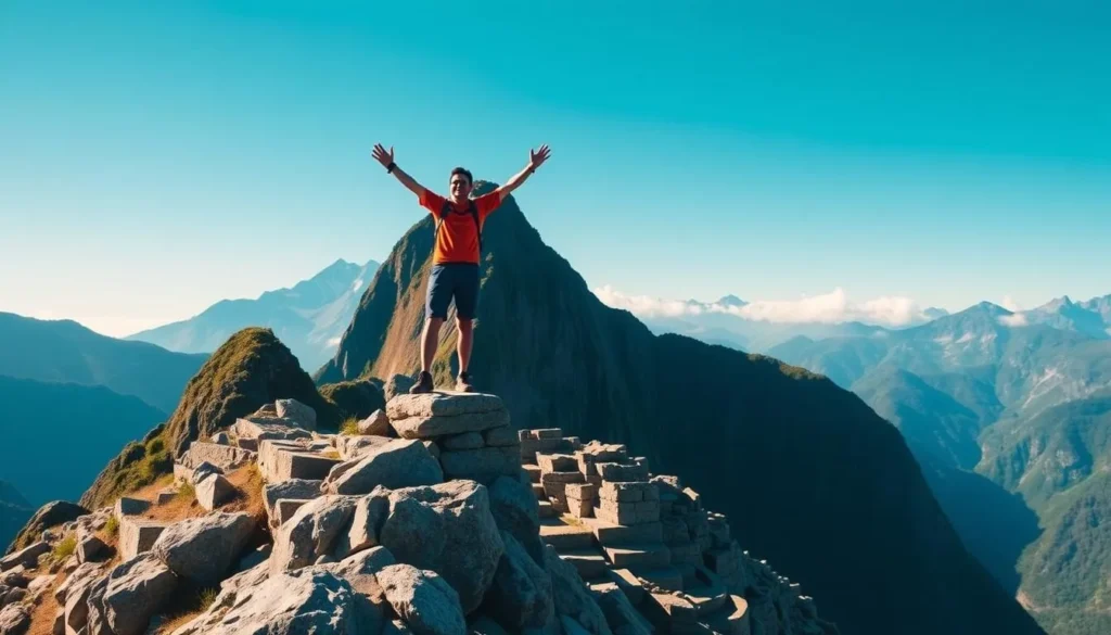 Image of a hiker at the peak of Huayna Picchu