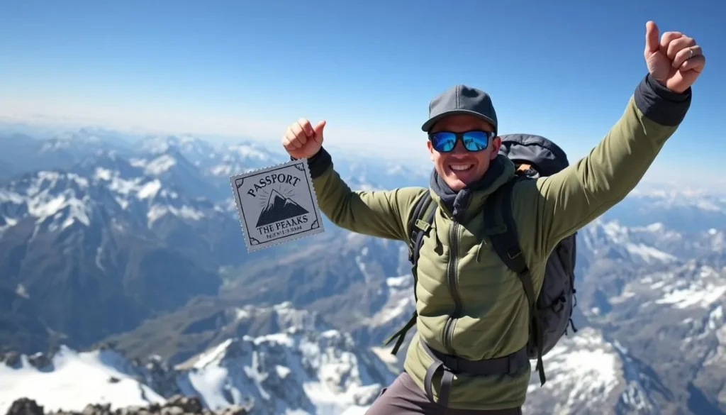 Image of a hiker at the summit of a mountain with a "Passport to the Peaks" stamp
