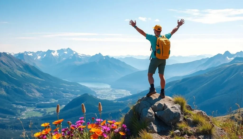 Image of a hiker at the summit of a trail in Bella Coola Valley