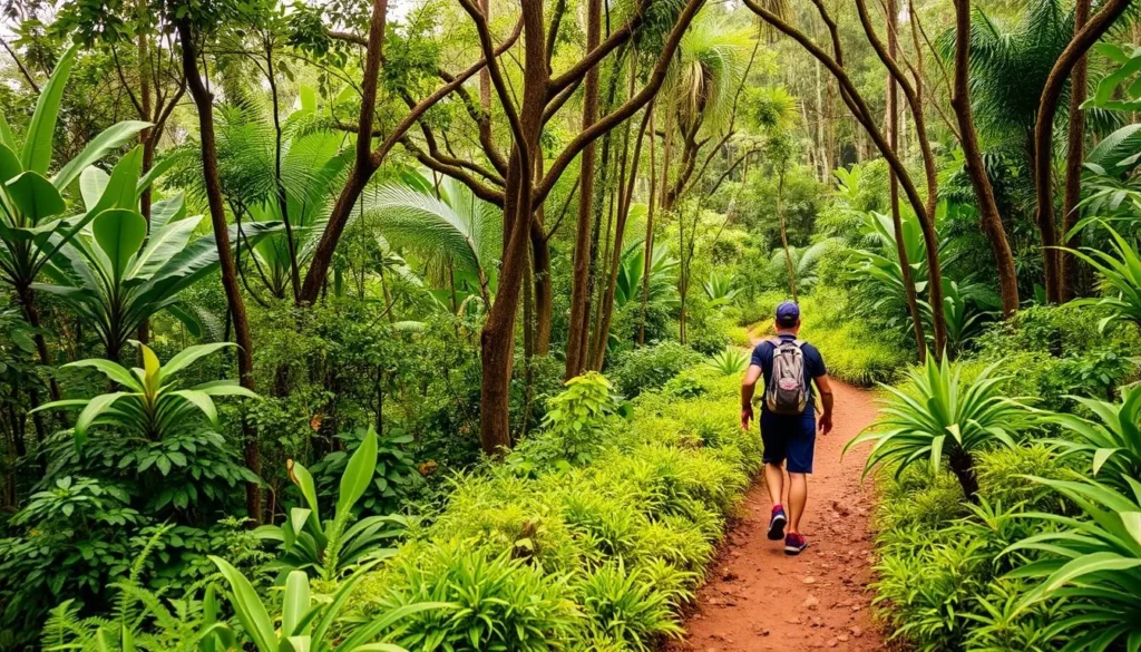 Image of a hiker on Ilha Anchieta's trail surrounded by Atlantic Forest
