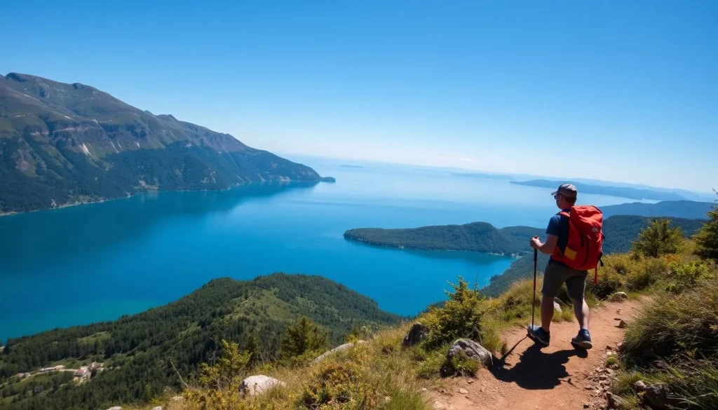 Image of a hiker on a mountain trail near Lake Vinstre