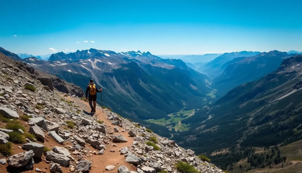 Image of a hiker on a mountain trail with a valley below