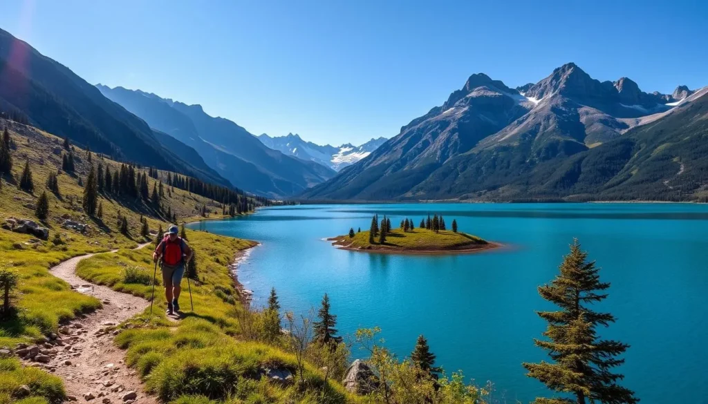 Image of a hiker on a trail around Lake Hornavan with mountains in the background