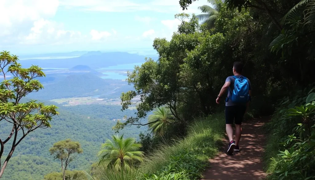 Image of a hiker on a trail in Ilha Comprida, Brazil Image of a hiker on a trail in Ilha Comprida, Brazil