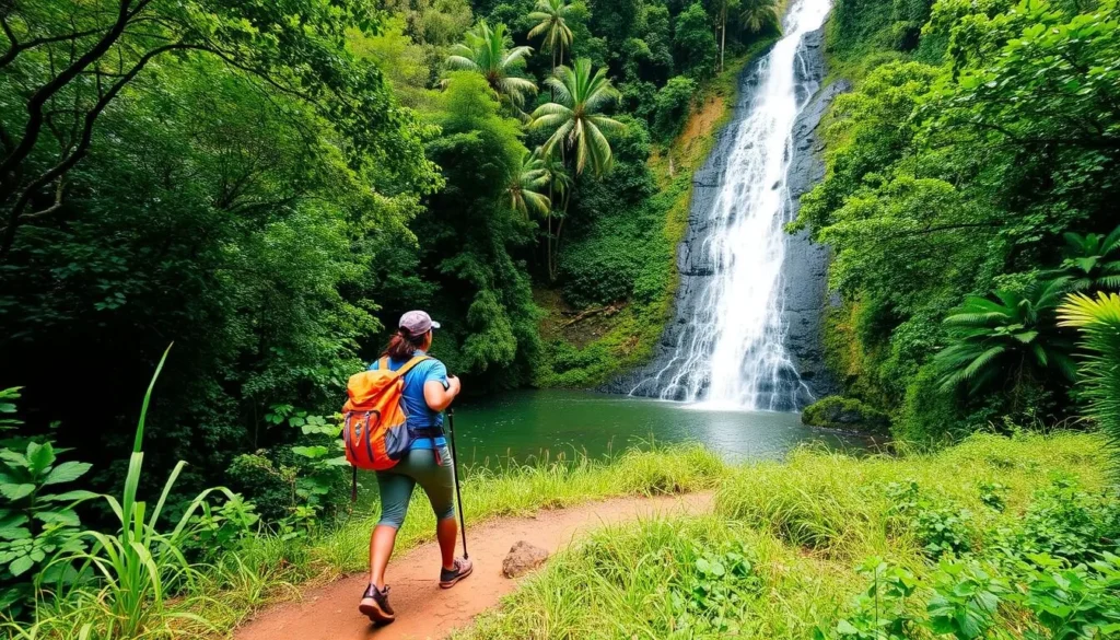 Image of a hiker on a trail in Ilha do Cardoso, with a waterfall in the background