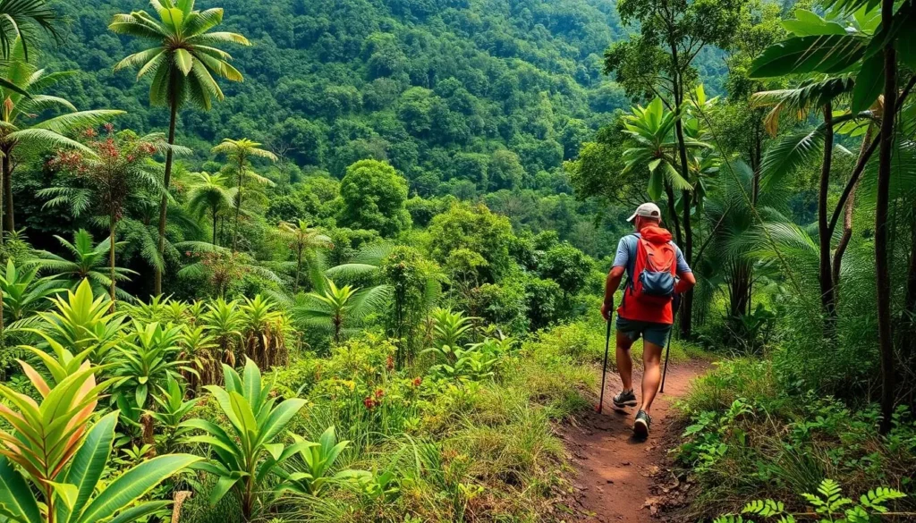 Image of a hiker on the Rorota Trail surrounded by lush jungle vegetation
