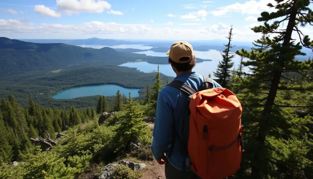 Image of a hiker on the trails of Koli National Park with Lake Pielinen in the background