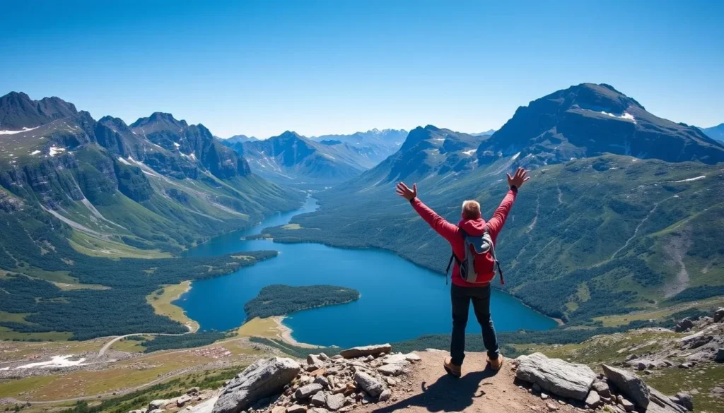 Image of a hiker standing at the summit of Vinnufjellet Mountains, overlooking a serene lake.