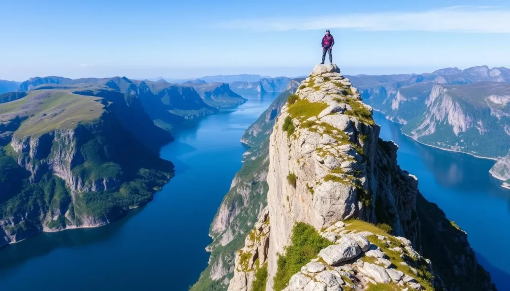 Image of a hiker standing on Pulpit Rock with Lysefjord in the background