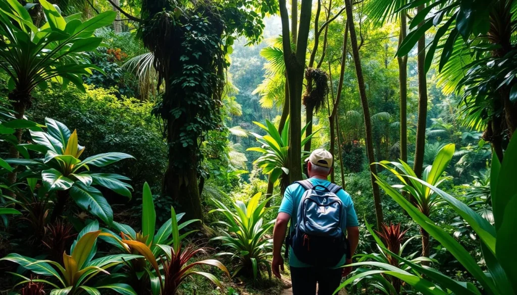 Image of a hiker trekking through the dense tropical forests of Montsinery Tonnegrande