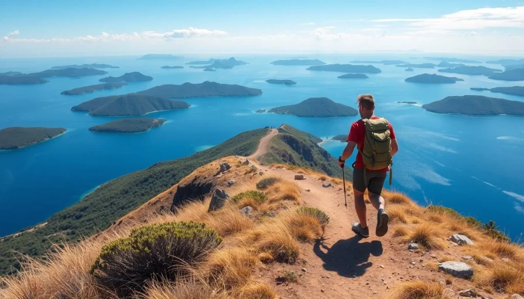 Image of a hiker walking on a trail with scenic views of the archipelago