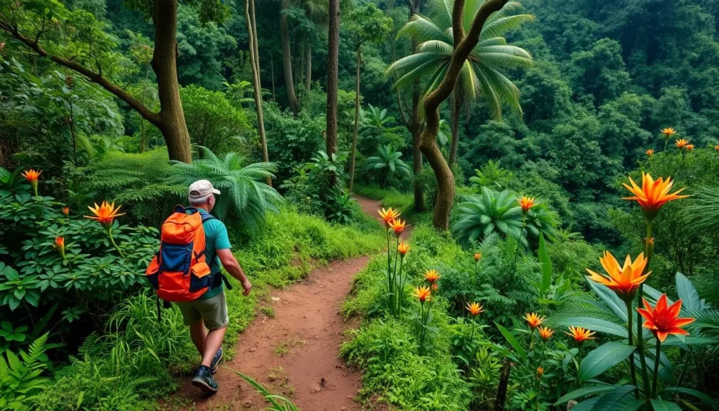 Image of a hiker walking through a pristine rainforest trail in Maripasoula, French Guiana