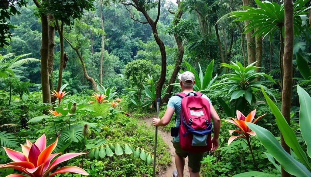 Image of a hiker walking through the dense rainforest of Central Suriname Nature Reserve