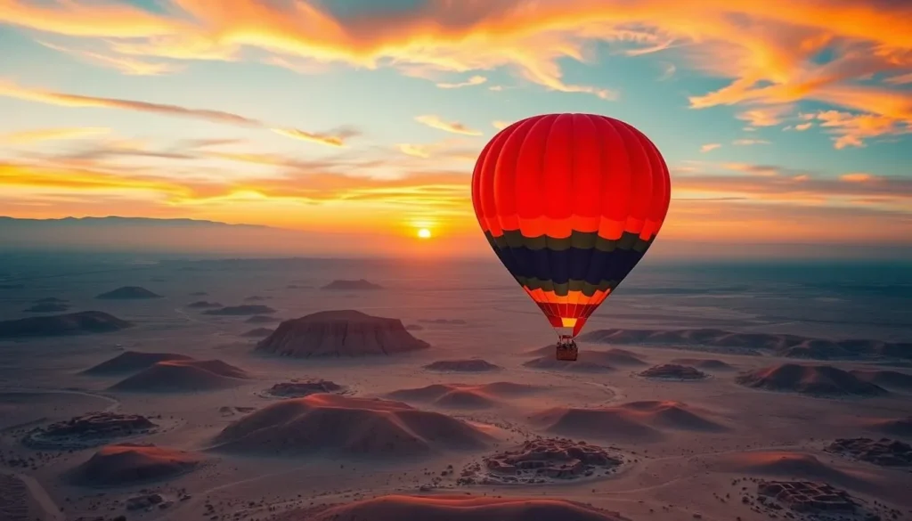 Image of a hot air balloon floating above the Atacama Desert at sunrise