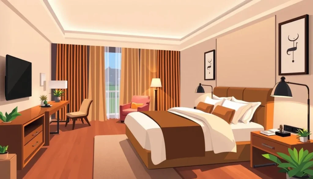 Image of a hotel room with a comfortable bed and amenities
