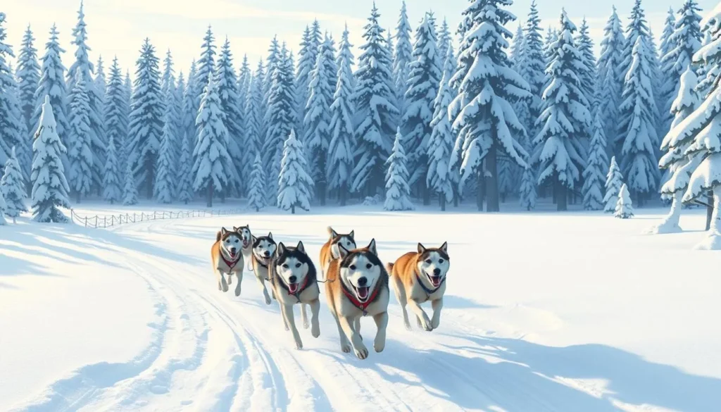 Image of a husky safari team running through a snowy forest in Rovaniemi Image of a husky safari team running through a snowy forest in Rovaniemi