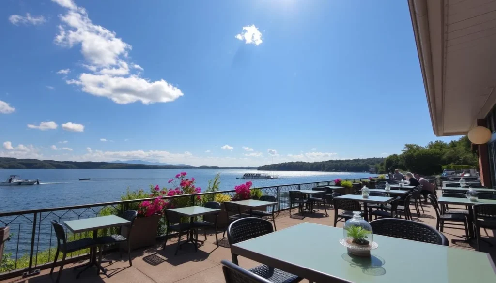 Image of a lakeside restaurant with a beautiful view of Lake Lanier