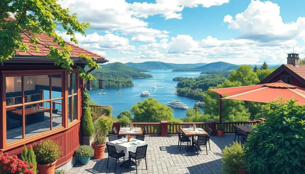 Image of a lakeside restaurant with a beautiful view of Lake Vättern