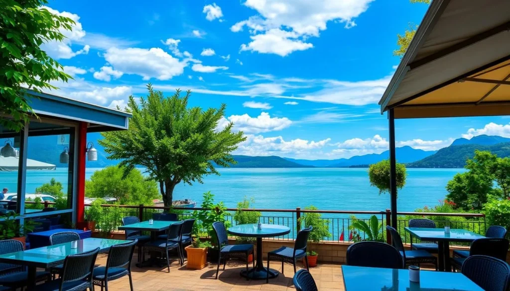 Image of a lakeside restaurant with outdoor seating and a beautiful view of Lake Most