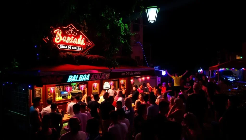 Image of a lively bar along Orla de Atalaia at night
