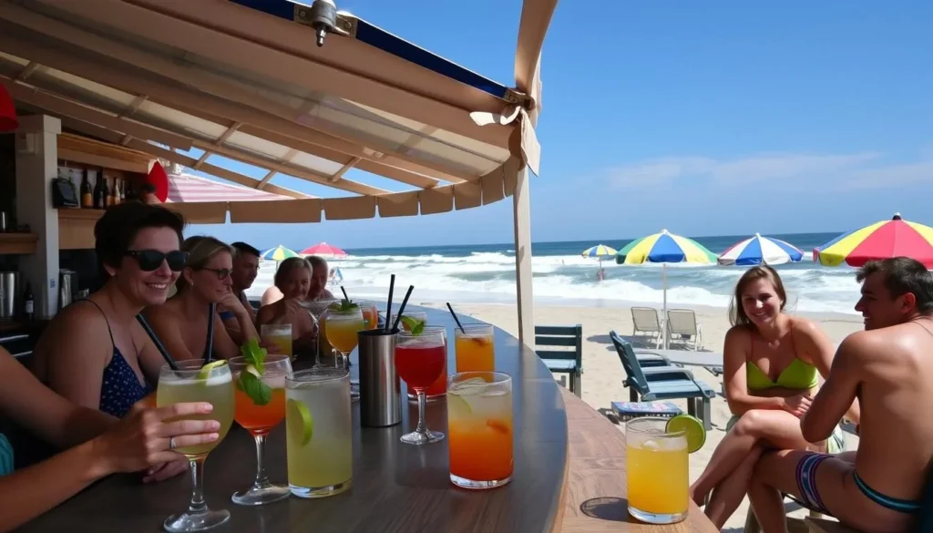 Image of a lively beach bar in Palanga with refreshing cocktails and happy visitors