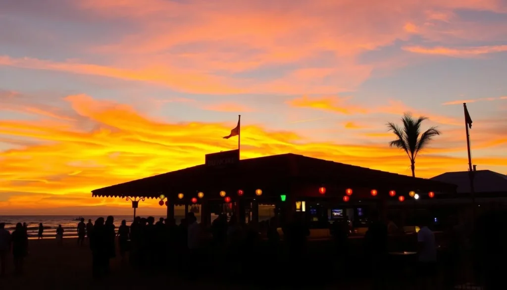 Image of a lively beachfront bar in Iquique at sunset