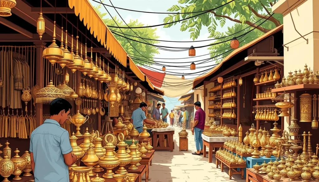 Image of a local market in Belgaum showcasing brass and wooden crafts